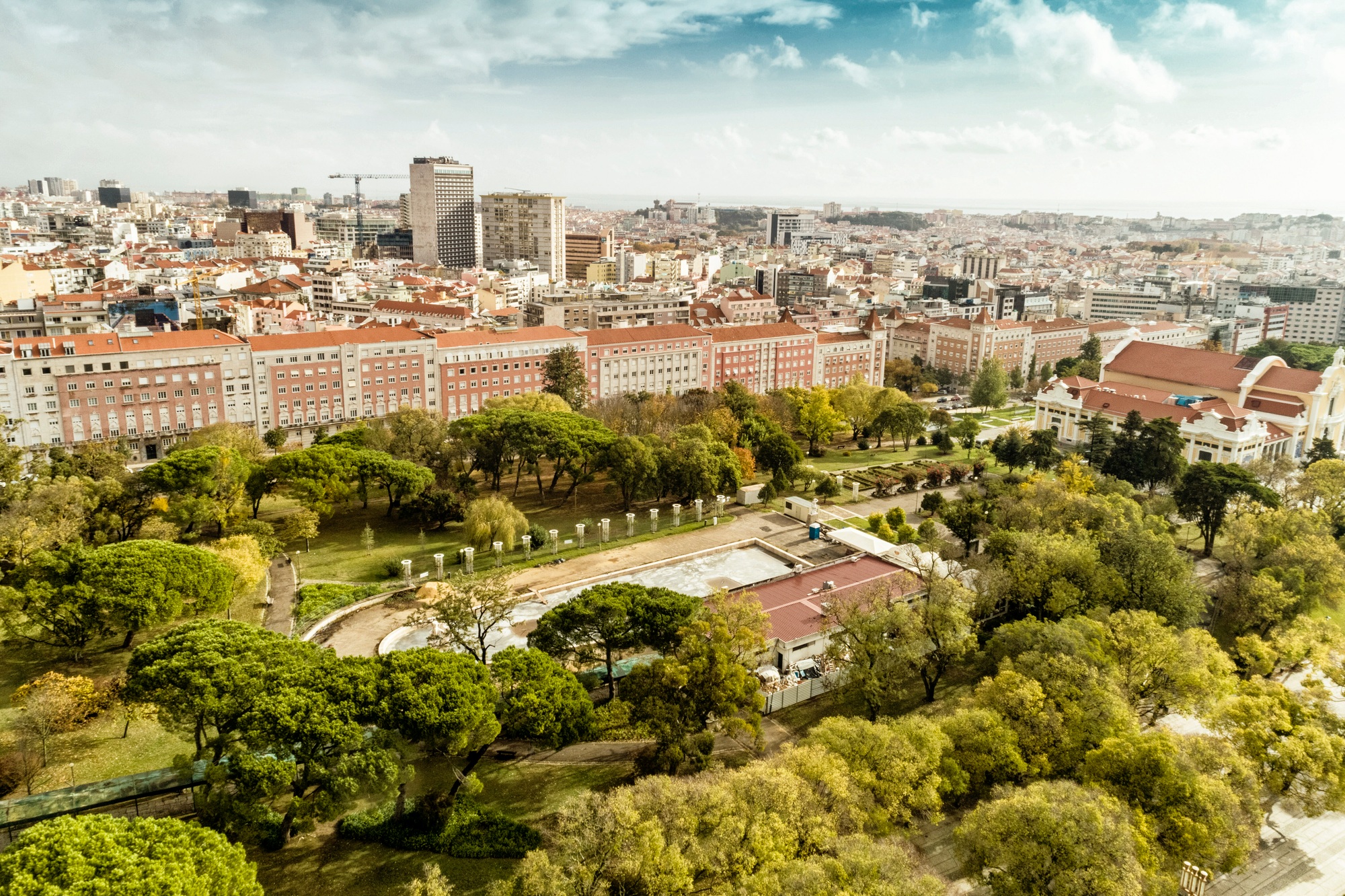 Aerial view of the city center of Portugal by Eduard VII park in Lisbon, Portugal